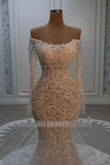 Fabulous White Mermaid Strapless Beaded Off-The-Shoulder Long Sleeve Chapel Train Lace Wedding Dresses