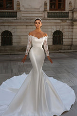 Fabulous White Mermaid Strapless Lace Long Sleeves Detachable Panel Train Satin Wedding Dresses With Ruffles
