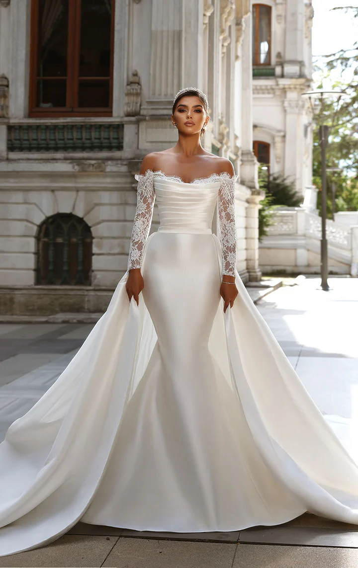 Fabulous White Mermaid Strapless Lace Long Sleeves Detachable Panel Train Satin Wedding Dresses With Ruffles