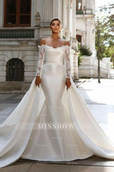 Fabulous White Mermaid Strapless Lace Long Sleeves Detachable Panel Train Satin Wedding Dresses With Ruffles
