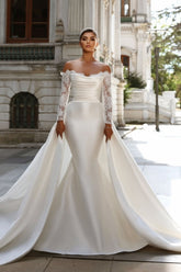 Fabulous White Mermaid Strapless Lace Long Sleeves Detachable Panel Train Satin Wedding Dresses With Ruffles