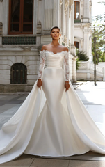 Fabulous White Mermaid Strapless Lace Long Sleeves Detachable Panel Train Satin Wedding Dresses With Ruffles