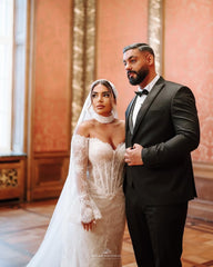 Fabulous White Mermaid Strapless Off-The-Shoulder Long Sleeves Lace Sweep Train Wedding Dress