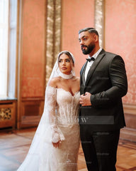 Fabulous White Mermaid Strapless Off-The-Shoulder Long Sleeves Lace Sweep Train Wedding Dress