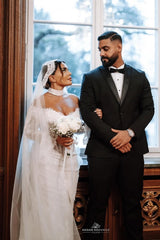 Fabulous White Mermaid Strapless Off-The-Shoulder Long Sleeves Lace Sweep Train Wedding Dress