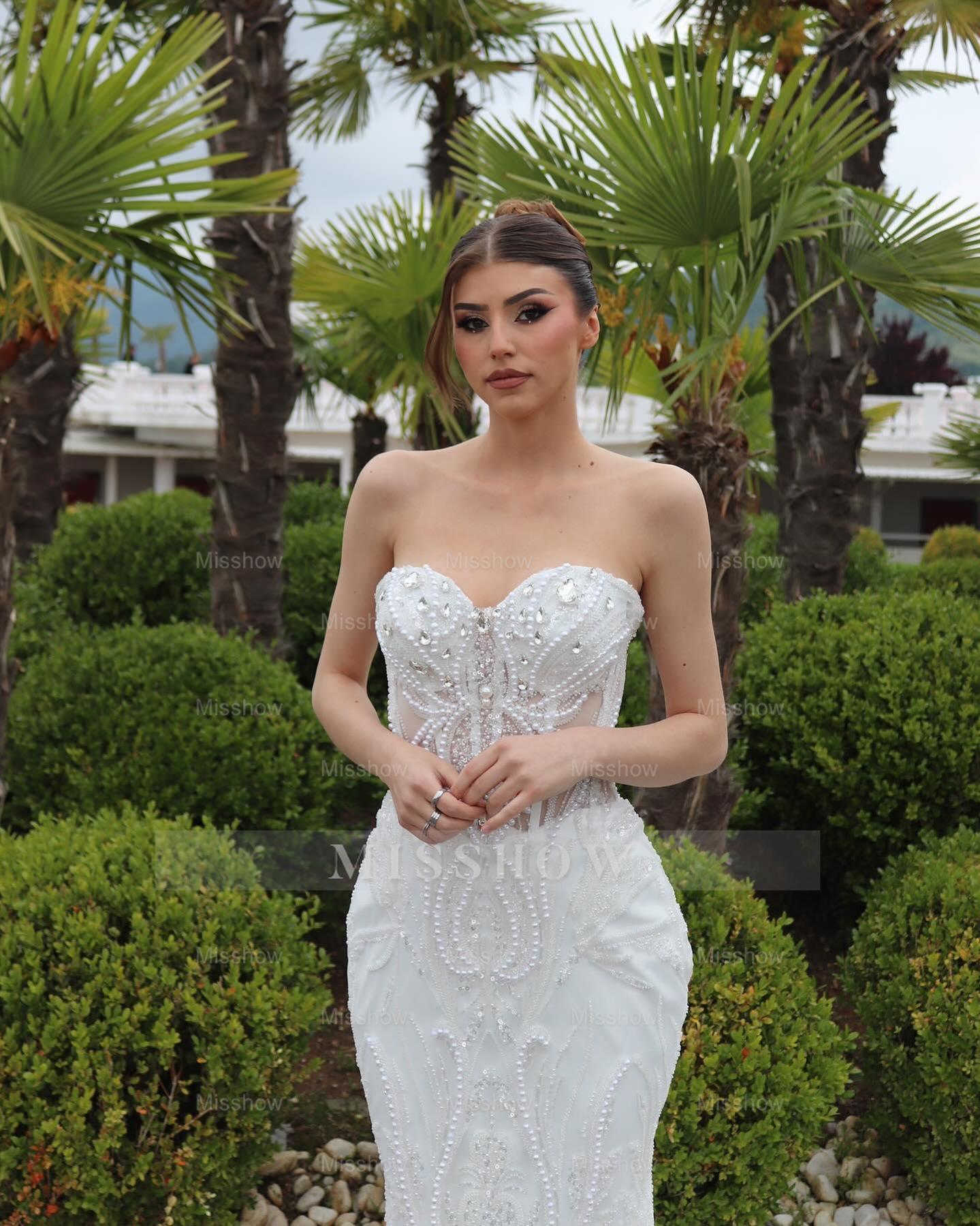 Fabulous White Mermaid Sweetheart Sleeveless Beaded Chapel Train Wedding Dress With Pearls and Rhinestones