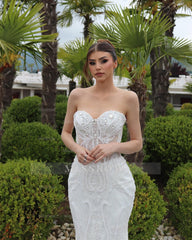 Fabulous White Mermaid Sweetheart Sleeveless Beaded Chapel Train Wedding Dress With Pearls and Rhinestones