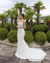 Fabulous White Mermaid Sweetheart Sleeveless Beaded Chapel Train Wedding Dress With Pearls and Rhinestones