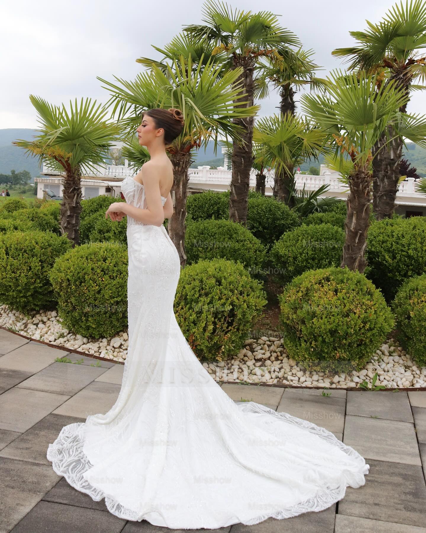 Fabulous White Mermaid Sweetheart Sleeveless Beaded Chapel Train Wedding Dress With Pearls and Rhinestones