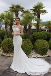 Fabulous White Mermaid Sweetheart Sleeveless Beaded Chapel Train Wedding Dress With Pearls and Rhinestones