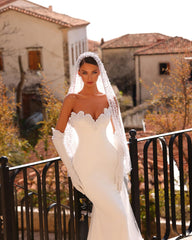 Fabulous White Mermaid Sweetheart Sleeveless Beaded Sweep Train Satin Wedding Dress With Pearls