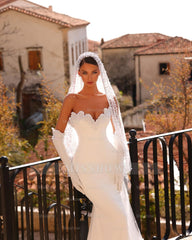Fabulous White Mermaid Sweetheart Sleeveless Beaded Sweep Train Satin Wedding Dress With Pearls