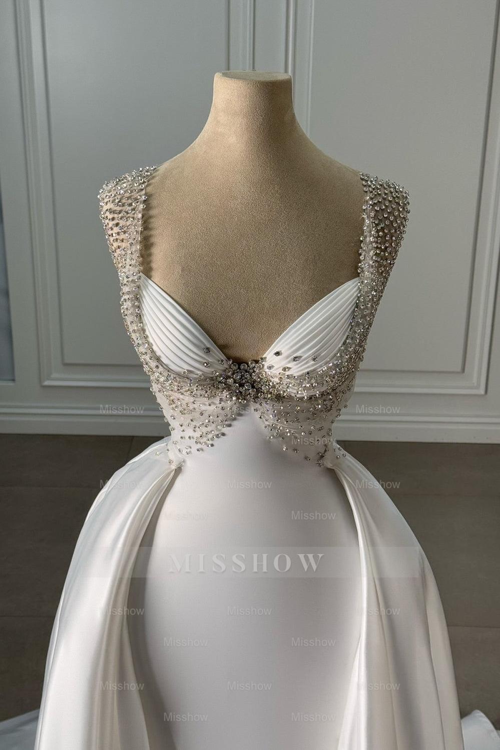 Fabulous White Mermaid Sweetheart Spaghetti Sleeveless Panel Train Long Satin Wedding Dresses With Beadings