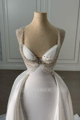 Fabulous White Mermaid Sweetheart Spaghetti Sleeveless Panel Train Long Satin Wedding Dresses With Beadings