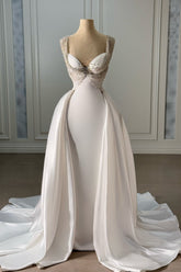 Fabulous White Mermaid Sweetheart Spaghetti Sleeveless Panel Train Long Satin Wedding Dresses With Beadings
