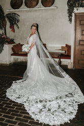 Fabulous White Mermaid V-Neck Lace Long Sleeves Cathedral Train Wedding Dress With Appliques