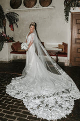 Fabulous White Mermaid V-Neck Lace Long Sleeves Cathedral Train Wedding Dress With Appliques