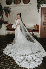 Fabulous White Mermaid V-Neck Lace Long Sleeves Cathedral Train Wedding Dress With Appliques