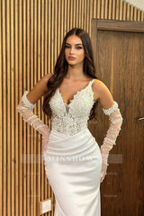 Fabulous White Mermaid V-Neck Spaghetti Strap Lace Sleeveless Beaded Long Satin Wedding Dresses With Pearls