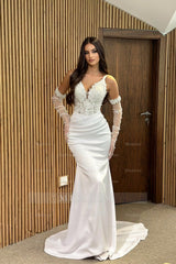 Fabulous White Mermaid V-Neck Spaghetti Strap Lace Sleeveless Beaded Long Satin Wedding Dresses With Pearls