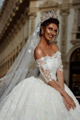Fabulous White Strapless Off-The-Shoulder Half Sleeves Ball Gown Cathedral Train Lace Wedding Dress With Appliques
