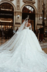 Fabulous White Strapless Off-The-Shoulder Half Sleeves Ball Gown Cathedral Train Lace Wedding Dress With Appliques