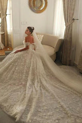 Fabulous White Sweetheart Off-The-Shoulder Sleeveless Sequined Beaded Ball Gown Long Tulle Wedding Dresses With Pearls And Appliques