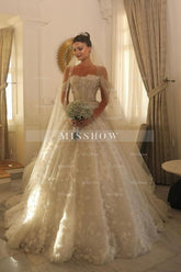 Fabulous White Sweetheart Off-The-Shoulder Sleeveless Sequined Beaded Ball Gown Long Tulle Wedding Dresses With Pearls And Appliques