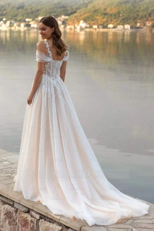 Fairy Long Ivory Off-The-Shoulder Sleeveless A-Line Wedding Dress with Appliques