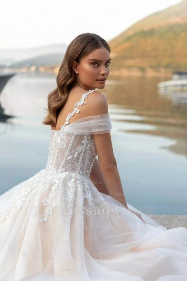 Fairy Long Ivory Off-The-Shoulder Sleeveless A-Line Wedding Dress with Appliques