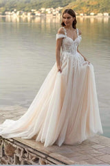 Fairy Long Ivory Off-The-Shoulder Sleeveless A-Line Wedding Dress with Appliques