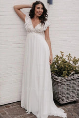 Fairy Long Ivory V-Neck A-Line Wedding Dress with Appliques and Short Sleeves
