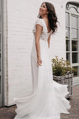 Fairy Long Ivory V-Neck A-Line Wedding Dress with Appliques and Short Sleeves