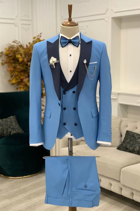 Fancy Azure Peaked Lapel Three-Piece Form-Fitting Prom Attire