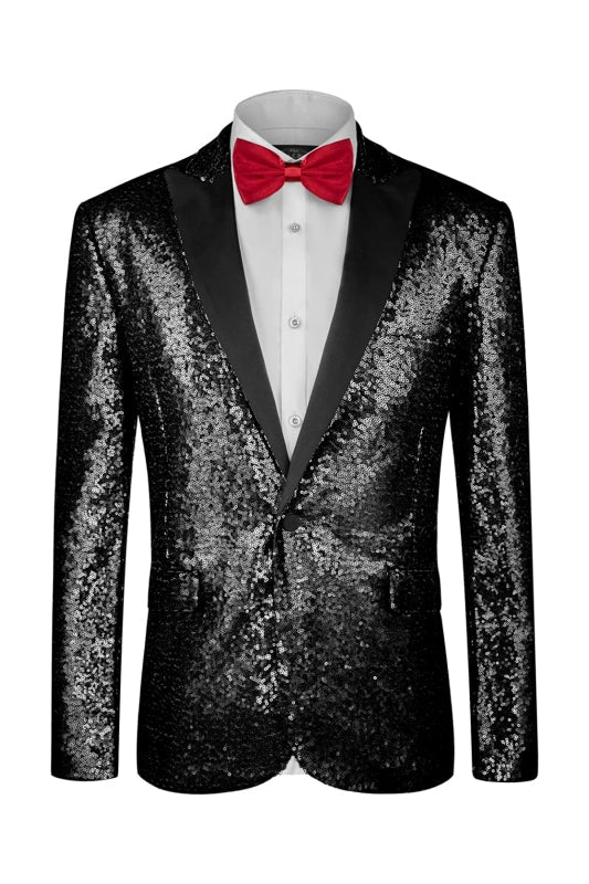 Fancy Black Sequined Peaked Lapel Two-Piece Prom Suit For Men