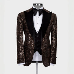 Fancy Brown Sequin Peaked Lapel Three-Piece Prom Suit