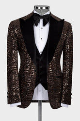 Fancy Brown Sequin Peaked Lapel Three-Piece Prom Suit
