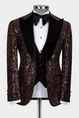 Fancy Brown Sequin Peaked Lapel Three-Piece Prom Suit