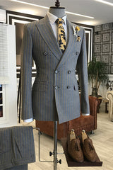 Fancy Gray Double-Breasted Striped Peaked Lapel Business Suit
