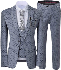Fancy Gray Notched Lapel Three-Piece Prom Suit With Black Dots