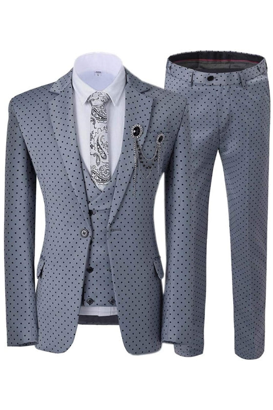Fancy Gray Notched Lapel Three-Piece Prom Suit With Black Dots