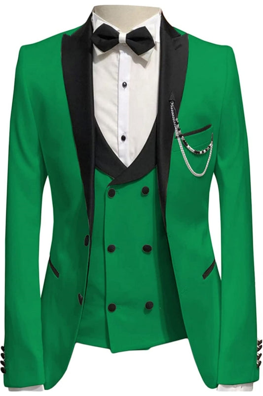 Fancy Green Peaked Lapel Three-Piece Prom Suit