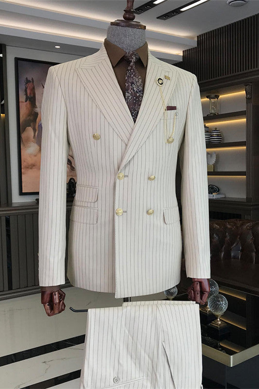 Fancy Ivory Striped Peaked Lapel Two-Piece Prom Suit for Men