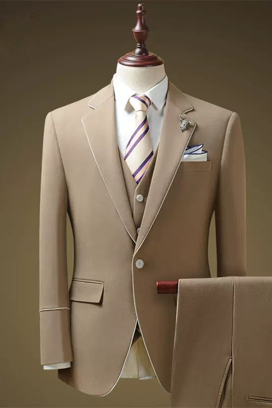 Fancy Khaki Notched Lapel Three-Piece Prom Suit For Men