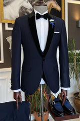 Fancy Navy Blue Peaked Lapel Two-Piece Prom Suit