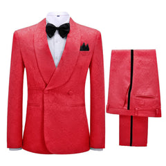 Fancy Red Jacquard Shawl Collar Double Breasted Groom's Suit