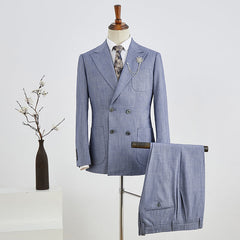 Fashion Blue Plaid Peak Lapel Double Breasted Custom Business Suit