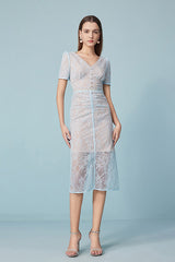 Fashion Blue V-neck Short Sleeves Sheath Lace Dresses