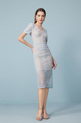 Fashion Blue V-neck Short Sleeves Sheath Lace Dresses
