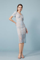 Fashion Blue V-neck Short Sleeves Sheath Lace Dresses
